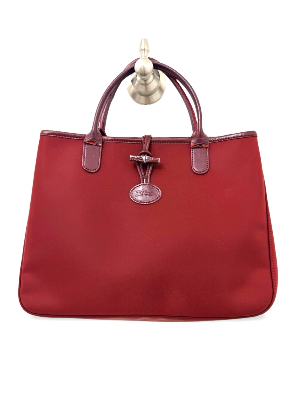Vintage Longchamp Roseau Red Nylon Tote Bag Leather Trim Toggle Closure